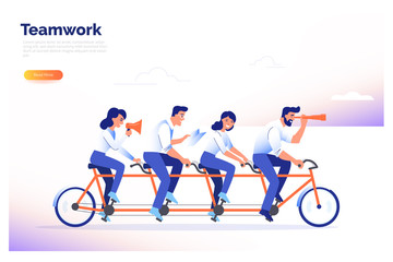 A team of four business people riding a bike. Partners work together to achieve common goals. Teamwork vector concept.