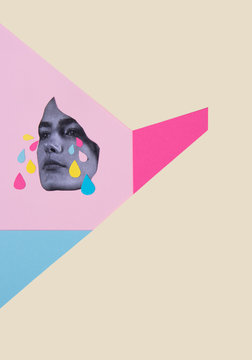 Collage of a woman's face on a vivid background of solid colours with paper tears