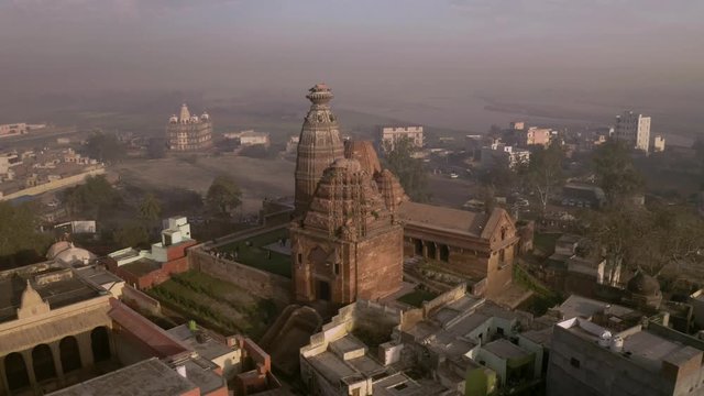 "Madana Mohana" temple in Vrindavan, India, 4k sunrise view aerial during holi festival