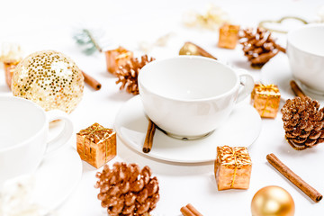 cup on a christmas holiday table. holidays and events consept. Flat lay, Top view