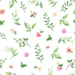 Seamless floral pattern with small flowers and green leaves on white background. Vector illustration in watercolor style.