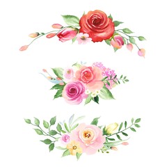 Collection of floral decors with roses, buds, leaves and abstract small flowers. Vector illustration in vintage watercolor style on white background.