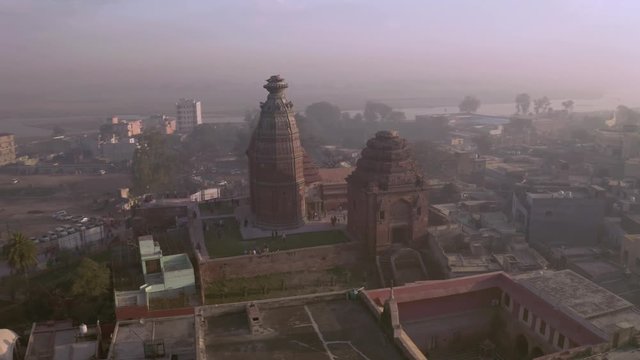 "Madana Mohana" temple in Vrindavan, India, 4k sunrise view aerial during holi festival