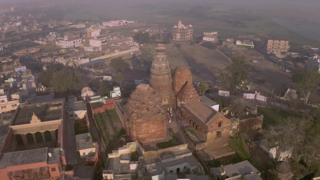 "Madana Mohana" temple in Vrindavan, India, 4k sunrise view aerial during holi festival