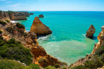 Praia de Marinha most Iconic Beach and Popular Landmark in Lagoa, Algarve Portuga. Beautiful landscape on coast of Atlantic Ocean 