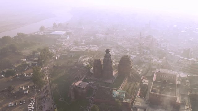 "Madana Mohana" temple in Vrindavan, India, 4k sunrise view aerial during holi festival