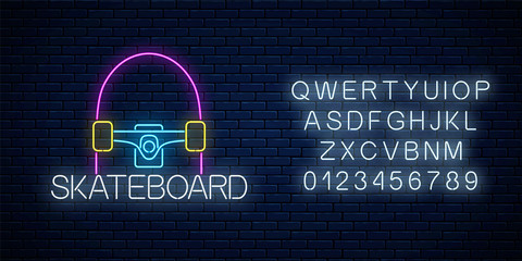 Skateboard glowing neon sign and alphabet. Skating zone symbol in neon style. Skateboard rent logo. Vector illustration © generationclash