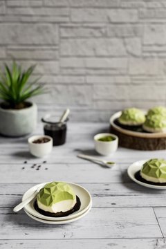 Matcha tea and cococa nib panna cotta