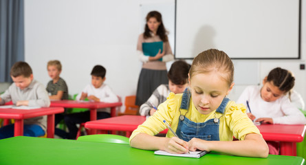 Girl with pen and notebook at lesson
