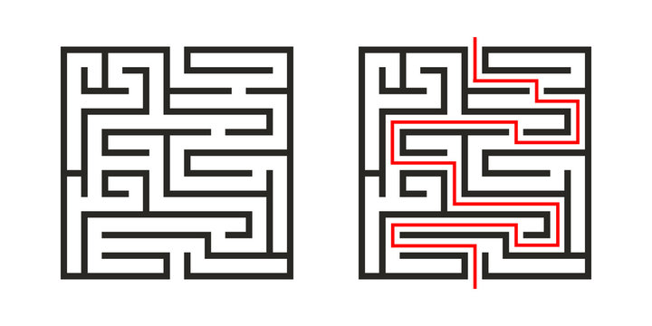 Education logic game labyrinth for kids. Find right way. Isolated simple square maze black line on white background.  With the solution. Vector illustration.