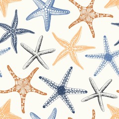 Hand drawn seamless pattern with various Starfishes pastel colors, vector illustration on beige background.