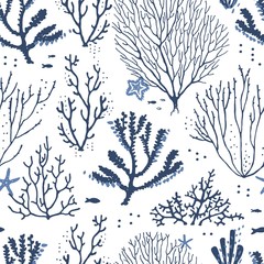 Seamless pattern sea coral reef dark blue and blue colors with fishes and starfishes. Vector hand drawn illustration on white background.