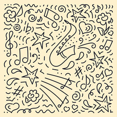 Doodle vector background, saxophone. Poster music concert, festival.. Poster music concert, festival.
