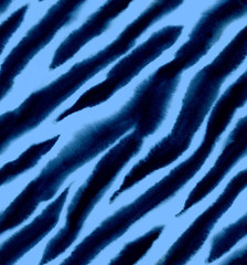 Fototapeta na wymiar Seamless zebra watercolor pattern. Animal print. Black and blue stripes.