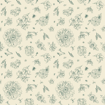 Pattern With Floral Ornament, Toile De Jouy. Garden Flowers Seamless Background. Hand Drawn Illustration Vintage Style