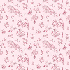 Pattern with floral ornament, toile de jouy. Seamless background. Hand drawn illustration in vintage style