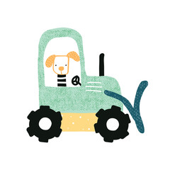 Cute kids print with cartoon dog in the bulldozer. Vector hand drawn illustration.