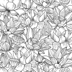 Lotus pattern, line floral ornament. Seamless background. Hand drawn illustration in vintage style