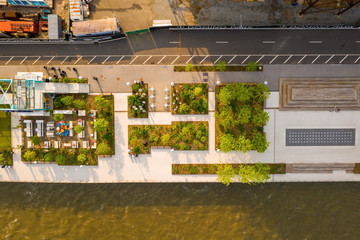 Domino Park in Brooklyn, Williamsburg, Old sugar factory. Aerial view.