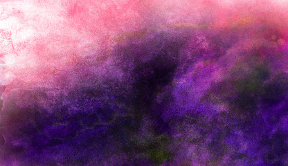 Aquarelle vivid ink textured blue, pink and purple color canvas for modern design. Smeared abstract cosmic bright vintage dark watercolour illustration. Neon watercolor on black paper background - 272520023