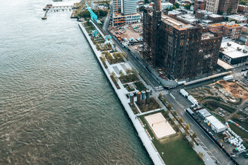 Domino Park in Brooklyn, Williamsburg, Old sugar factory. Aerial view.