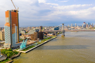 Domino Park in Brooklyn, Williamsburg, Old sugar factory. Aerial view.