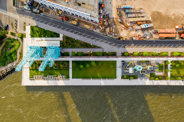 Domino Park in Brooklyn, Williamsburg, Old sugar factory. Aerial view.