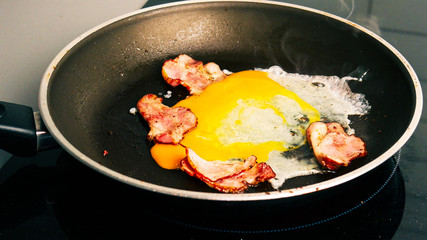 Close up. Two eggs break into a hot frying pan with fried bacon. Breakfast and kitchen concept.