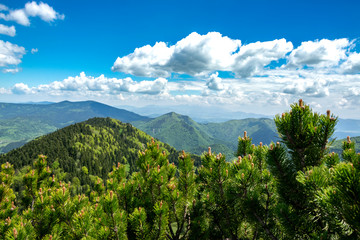 Velky Rozsutec rocky dolomitian hills with lower mountain ridge between Steny and Poludnovy grun hills in Mala Fatra mountains in Slovakia