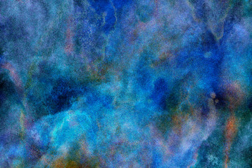 Dark aquarelle painted ink canvas for modern creative design. Blue neon watercolor on deep black paper illustration. Lightning night sky and thunder background