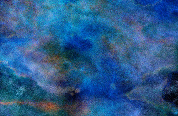 Dark aquarelle painted ink canvas for modern creative design. Blue neon watercolor on deep black paper illustration. Lightning night sky and thunder background