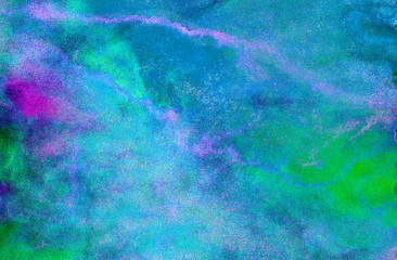 Dark aquarelle painted ink canvas for modern creative design. Blue neon watercolor on deep black paper illustration. Lightning night sky and thunder background