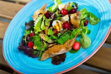 Salad with quails, greens and cranberries with honey-ginger sauce