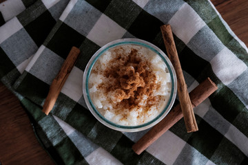 rice pudding and cinnamon seen from above