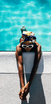 Overhead Shot of Young Fashionable Black Woman in Swimming Pool
