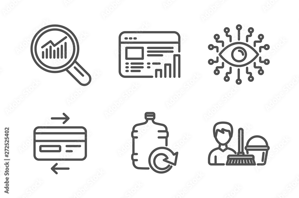 Poster web report, data analysis and artificial intelligence icons simple set. refill water, credit card an
