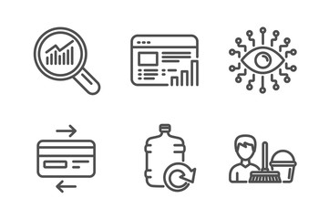 Web report, Data analysis and Artificial intelligence icons simple set. Refill water, Credit card and Cleaning service signs. Graph chart, Magnifying glass. Business set. Line web report icon. Vector