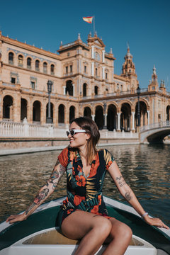 Woman with sunglasses in a boat