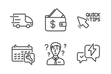 Quick tips, Support consultant and Spanner icons simple set. Wallet, Truck delivery and Lightning bolt signs. Helpful tricks, Question mark. Business set. Line quick tips icon. Editable stroke. Vector