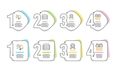 Push cart, Woman and Servers icons simple set. Surprise sign. Express delivery, Girl profile, Big data. Present with bow. Business set. Infographic timeline. Line push cart icon. 4 options or steps
