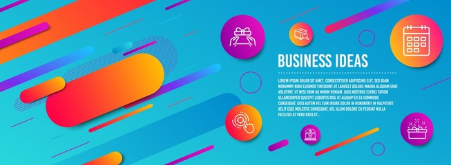 Header banner. Start business, Give present and Calendar icons simple set. Search package, Seo target and Present box signs. Launch idea, Receive a gift. Business set. Line start business icon