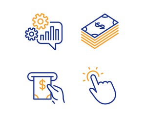 Dollar, Cogwheel and Atm service icons simple set. Touchpoint sign. Usd currency, Engineering tool, Cash investment. Touch technology. Business set. Linear dollar icon. Colorful design set. Vector