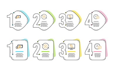 Reject refresh, Dollar money and Monitor repair icons simple set. Select alarm sign. Update rejection, Cash with coins, Computer service. Time symbol. Business set. Infographic timeline. Vector