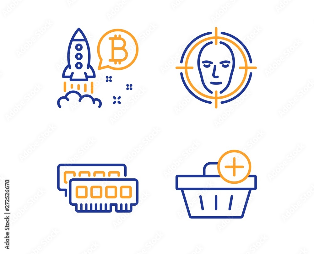 Poster ram, face detect and bitcoin project icons simple set. add purchase sign. random-access memory, sele