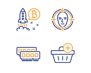 Fototapeta premium Ram, Face detect and Bitcoin project icons simple set. Add purchase sign. Random-access memory, Select target, Cryptocurrency startup. Shopping order. Business set. Linear ram icon. Vector