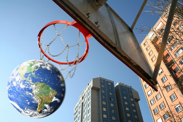 Conceptual close up globe in basketball field