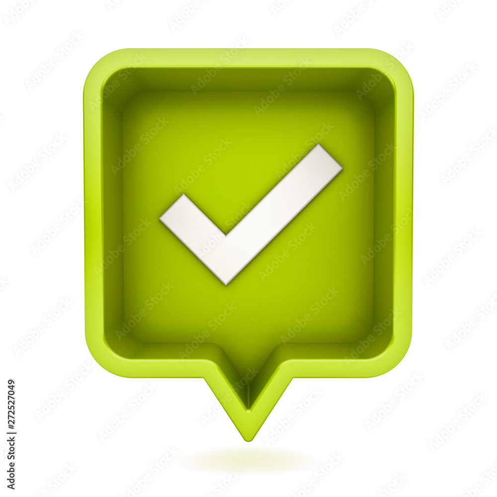 Poster 3d social media notification check mark icon in green rounded square pin isolated on white backgroun