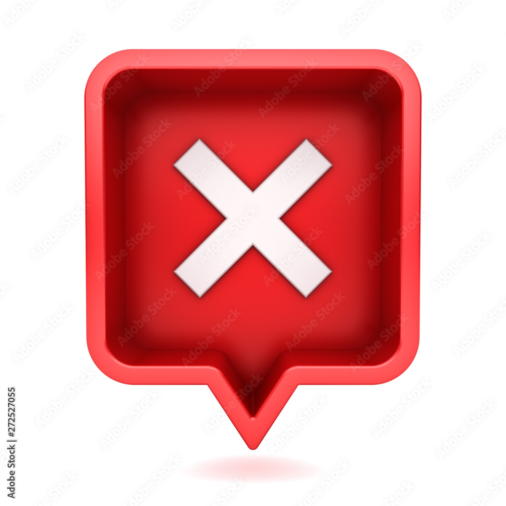 Poster 3d social media notification white cross sign icon in red rounded square pin isolated on white background with shadow 3D rendering