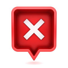 Obraz premium 3d social media notification white cross sign icon in red rounded square pin isolated on white background with shadow 3D rendering