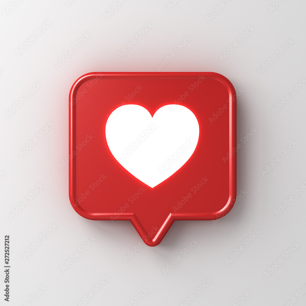 Poster 3d social media notification neon light like heart icon in red speech bubble pin isolated on white wall background with shadow 3D rendering
